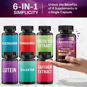Saffron Supplement, Glucomannan, Ashwagandha, Green Tea Extract, Mood Stabilizer, Vision Support, 60 Capsules