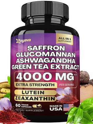 Saffron Supplement, Glucomannan, Ashwagandha, Green Tea Extract, Mood Stabilizer, Vision Support, 60 Capsules