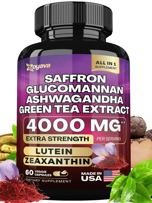Saffron Supplement, Glucomannan, Ashwagandha, Green Tea Extract, Mood Stabilizer, Vision Support, 60 Capsules