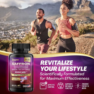 Saffron Supplement, Glucomannan, Ashwagandha, Green Tea Extract, Mood Stabilizer, Vision Support, 60 Capsules