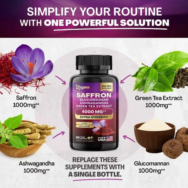 Saffron Supplement, Glucomannan, Ashwagandha, Green Tea Extract, Mood Stabilizer, Vision Support, 60 Capsules
