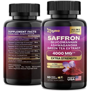 Saffron Supplement, Glucomannan, Ashwagandha, Green Tea Extract, Mood Stabilizer, Vision Support, 60 Capsules