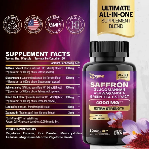 Saffron Supplement, Glucomannan, Ashwagandha, Green Tea Extract, Mood Stabilizer, Vision Support, 60 Capsules