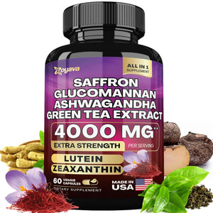 Saffron Supplement, Glucomannan, Ashwagandha, Green Tea Extract, Mood Stabilizer, Vision Support, 60 Capsules