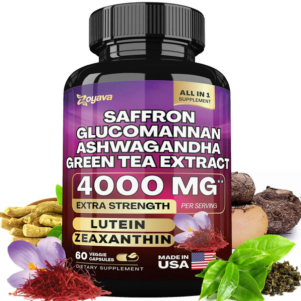 Saffron Supplement, Glucomannan, Ashwagandha, Green Tea Extract, Mood Stabilizer, Vision Support, 60 Capsules